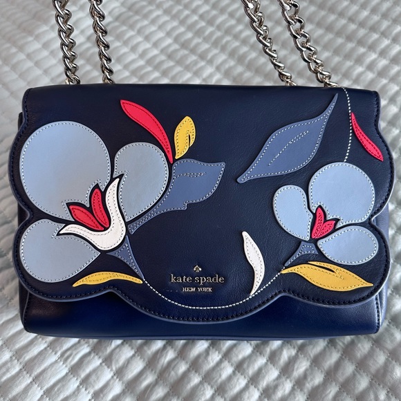 EUC Kate Spade Blue Leather Floral Chain Strap Bag - Picture 3 of 13
